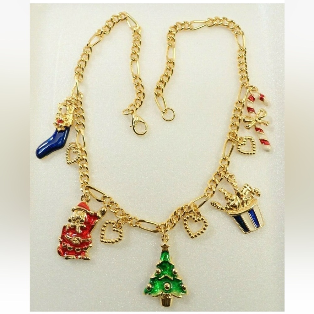 Chunky Gold Christmas Charm Necklace 🎄 Enamel Santa Tree Candy Cane Holiday - Picture 2 of 7